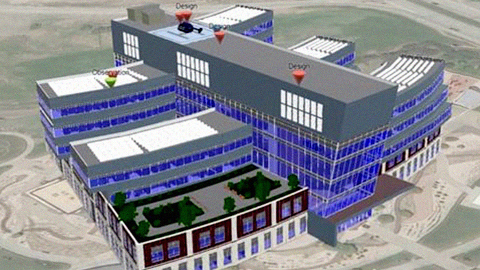 A 3D model of a large office building shaded blue and gray with map points labeling different regions of the structure