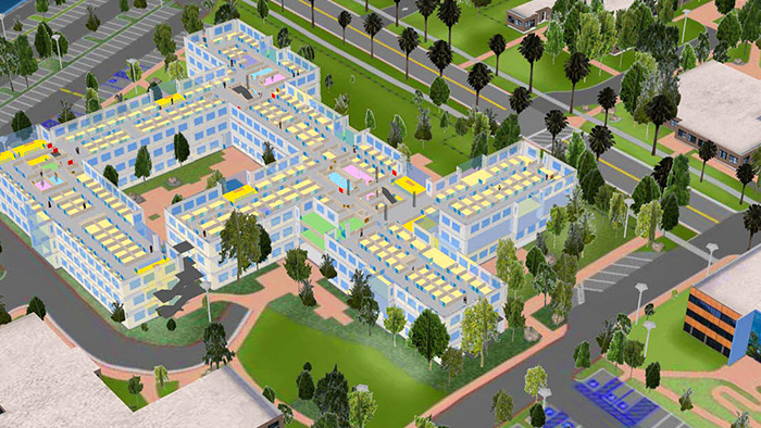 A 3D aerial-view model of a large campus shaded blue and yellow set in a tree-lined neighborhood