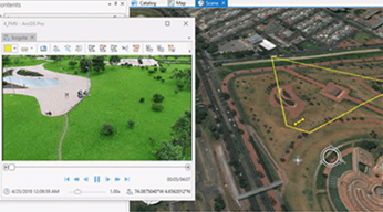 Video footage capture of a grassy area in ArcGIS Pro and a satellite view of the same area with a yellow polygon
