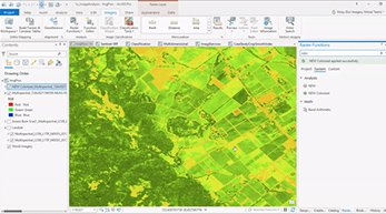 A multispectral image of a field with green land within ArcGIS Pro