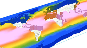 A multicolored 2D representation of the world showing sea surface temperatures over time and at various depths