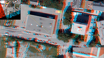 An aerial image of a building complex in stereo