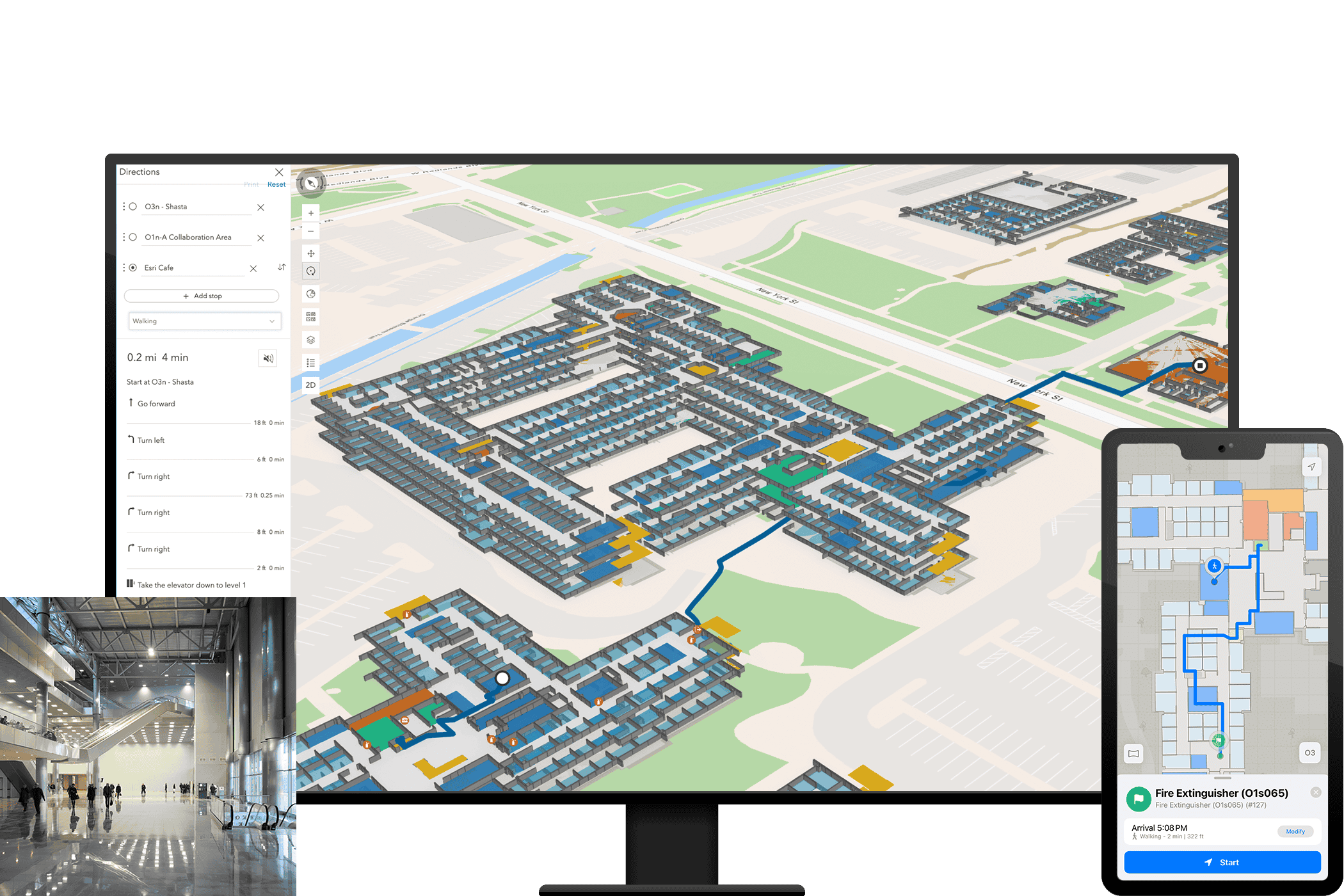 Monitor displaying 3D indoor mapping software, a smartphone showing a 2D map routing to a fire extinguisher, and inset of a building interior.
