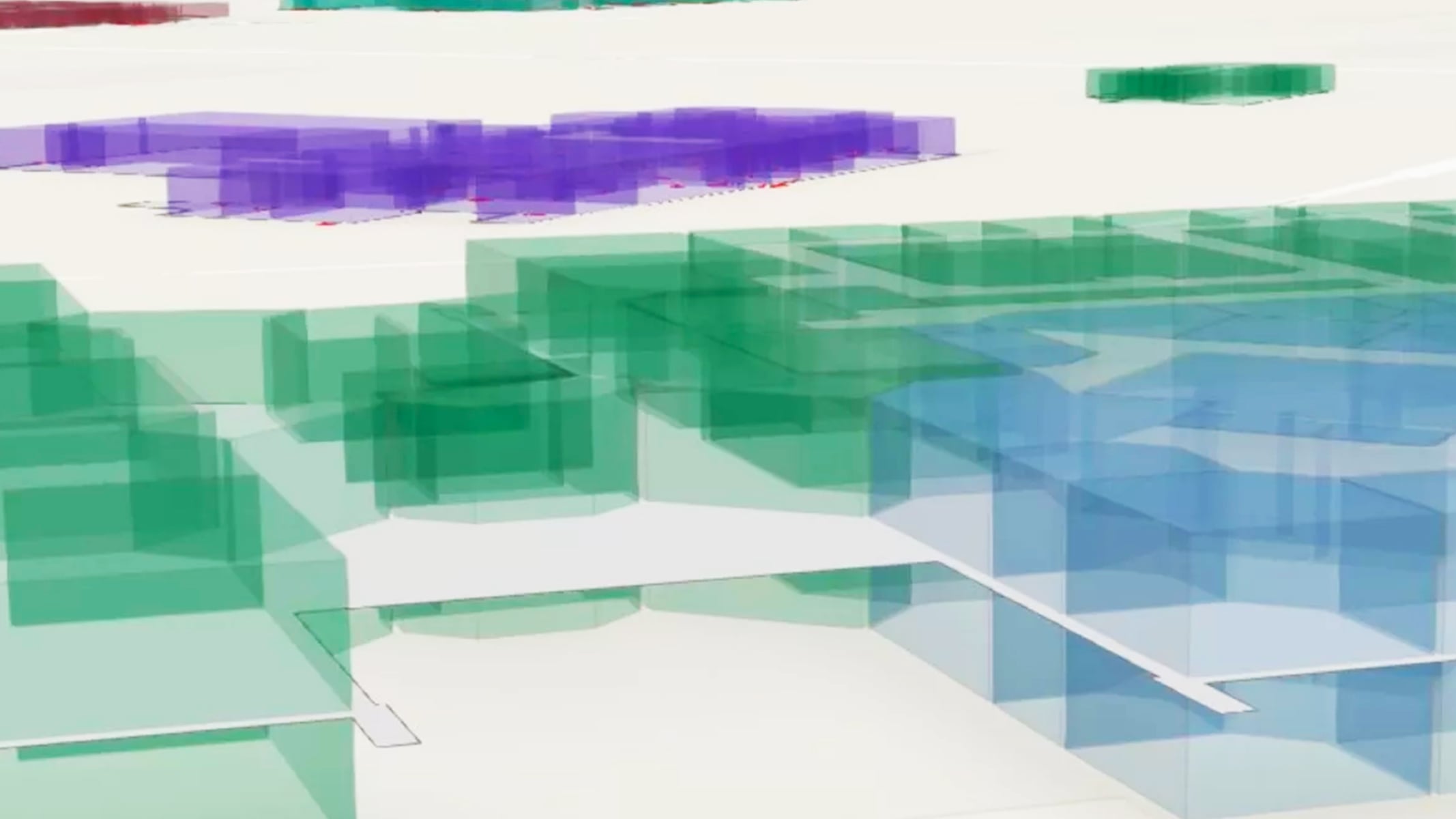 3D digital map showing translucent, layered blocks in green, blue, and purple, representing indoor building spaces.