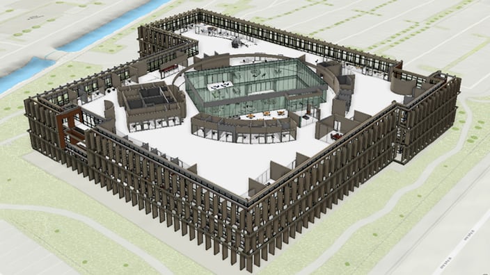 외벽에 갈색 버티컬 핀이 있고 건물 중앙에는 유리 아트리움이 있는 현대식 건물 평면도의 항공 3D 렌더링