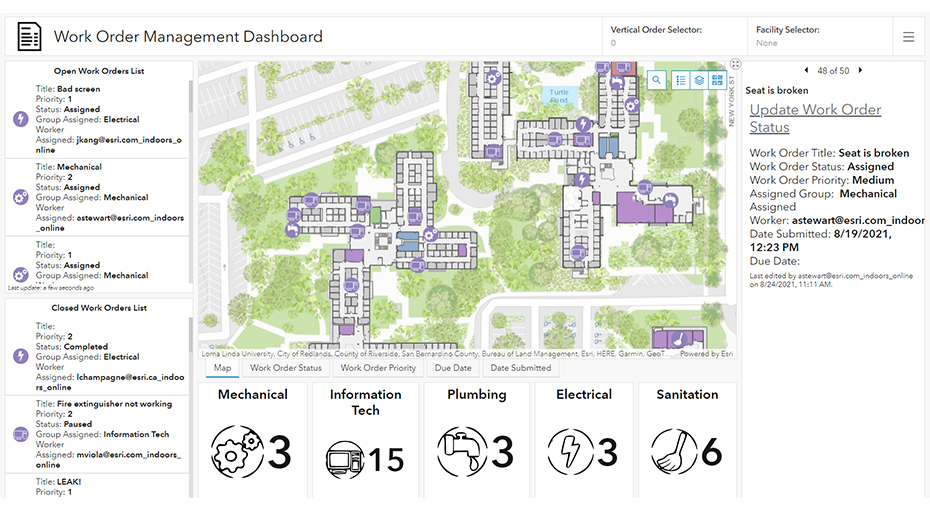 Cuadro de mando de órdenes de trabajo con un mapa de interiores de un campus grande, datos numéricos e iconos, y texto correspondiente al estado de las órdenes de trabajo