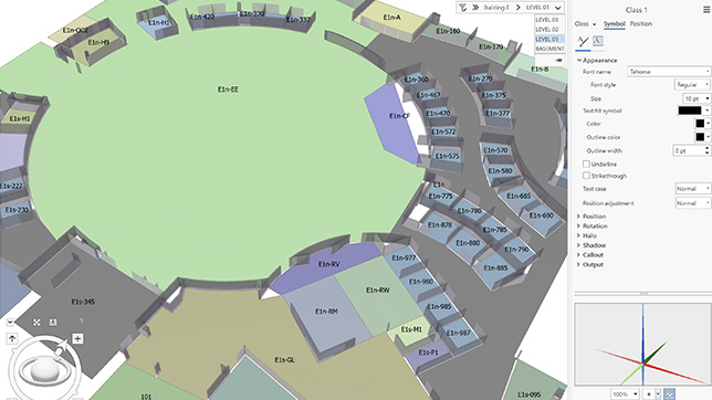 3D indoor map of a large office building with square offices and a circular atrium at the center of the map