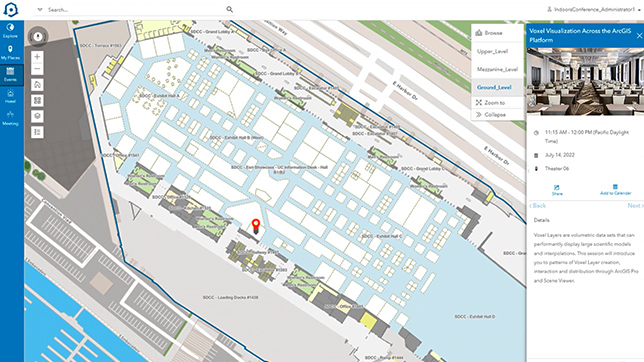 Indoor map of a convention center in the ArcGIS Indoors Viewer next to a popup window of a meeting space and text