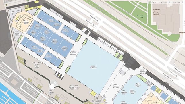 Indoor map of a large convention center with multiple squares showing the various spaces within the building