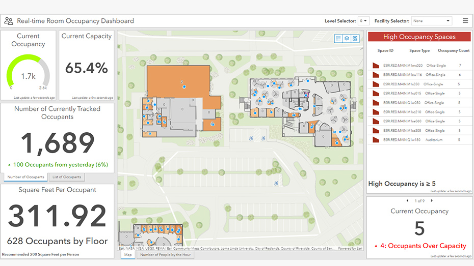 Um painel mostrando métricas, incluindo dados numéricos e uma vista aérea de um mapa digital com prédios e árvores verdes