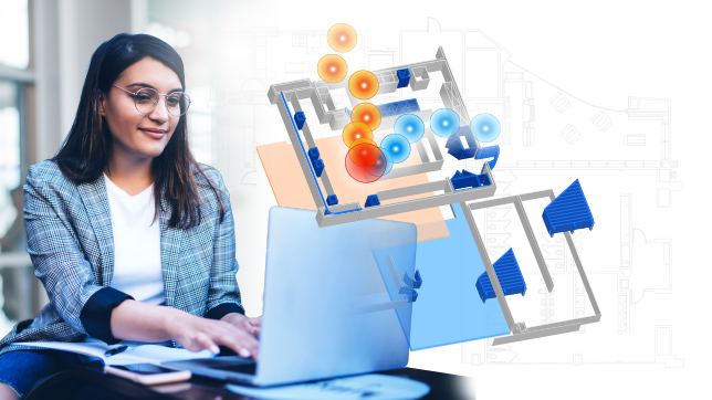 Mulher de óculos trabalhando em um laptop com uma ilustração digital inserida de um mapa interno com círculos azuis e laranja