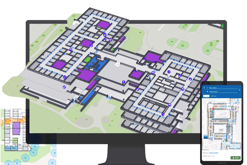 Desktop screen showing 3D indoor map of office building next to a mobile phone showing 2D indoor map of office building