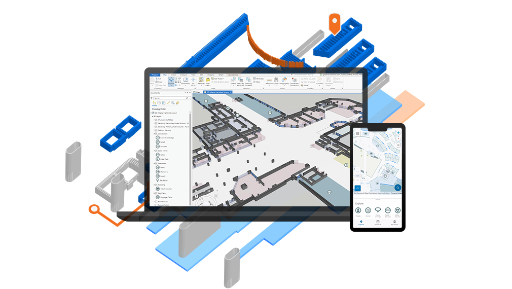 Desktop screen showing indoor map built in ArcGIS Indoors Pro next to a mobile phone showing a digital map in ArcGIS Indoors mobile