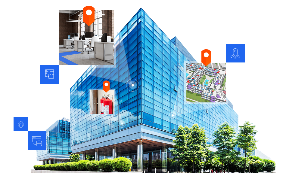 A modern office building surrounded by greenery, overlaid with location icons, an indoor map, and photos of an office and fire extinguisher