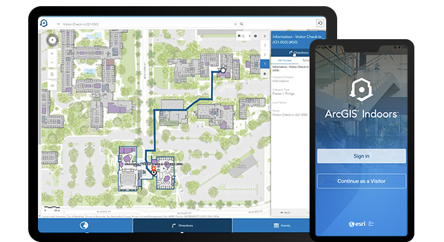 A tablet displaying a digital map in ArcGIS Indoors and a smart phone showing the login screen for ArcGIS Indoors