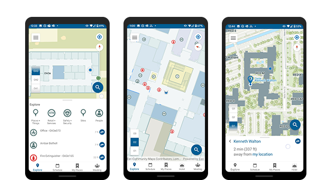 Three smart phones, each displaying a different digital indoor map 