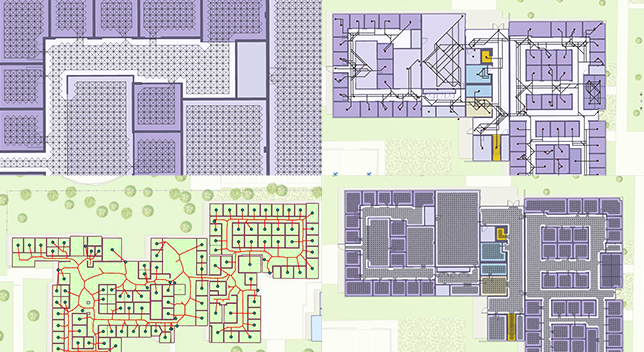 Four digital indoor maps, each showing a different layer of information in the same indoor space
