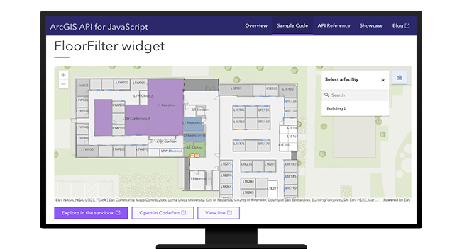 A desktop displaying ArcGIS API for Javascript and the FloorFilter widget showing a digital indoor map