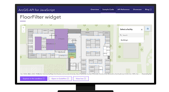 ArcGIS API for Javascript を表示するデスクトップと、デジタル屋内マップを表示する FloorFilter ウィジェット