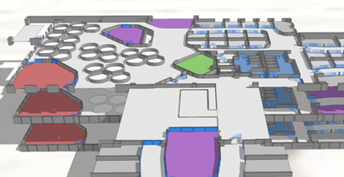A 3D indoor map showing work spaces on the third floor of a building