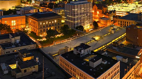 A nighttime view of city buildings in Akron, Ohio