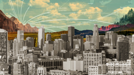 A composite image with a city full of skyscrapers in grayscale against a bright multicolored background of mountains and blue sky