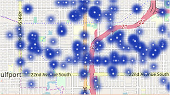 Street grid map with scattered blue dots