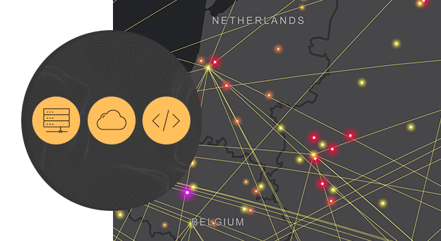 Eine graue digitale Karte der Niederlande und Belgiens mit verstreuten Datenpunkten und gelben Linien, die Punkte auf der Karte verbinden