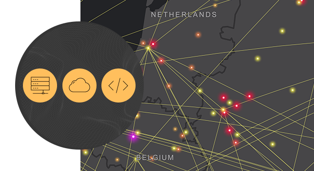 Un mapa digital gris de los Países Bajos y Bélgica con puntos de datos dispersos y líneas amarillas que conectan los puntos del mapa