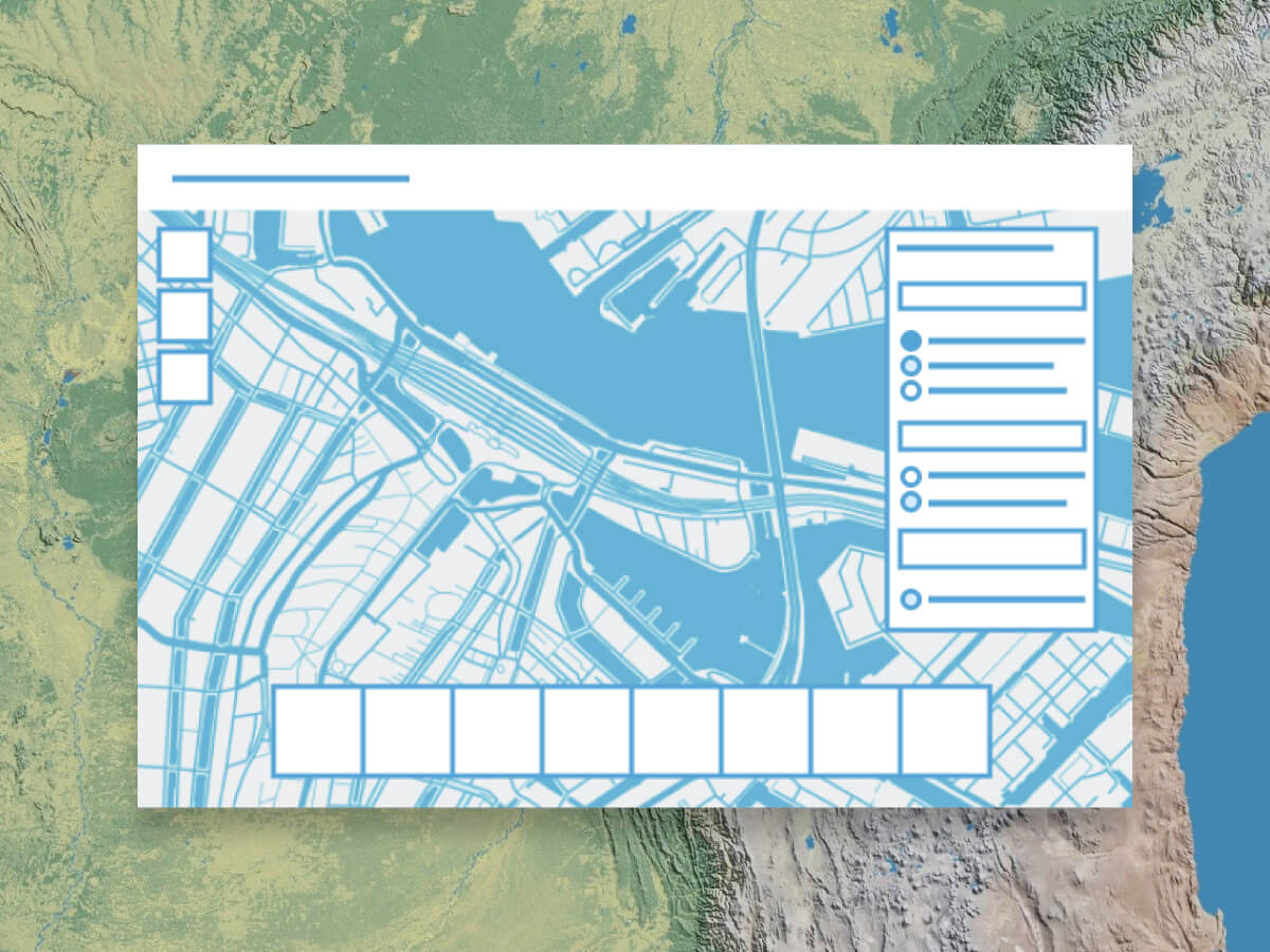 Una ilustración abstracta de una ventana de software de representación cartográfica con un panel de menú flotante