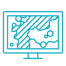 Ikona sugeruje, że aplikacje internetowe i mobilne zbudowane przy użyciu kreatorów aplikacji ArcGIS mogą pomóc użytkownikom w udostępnianiu zasobów różnym grupom odbiorców. 