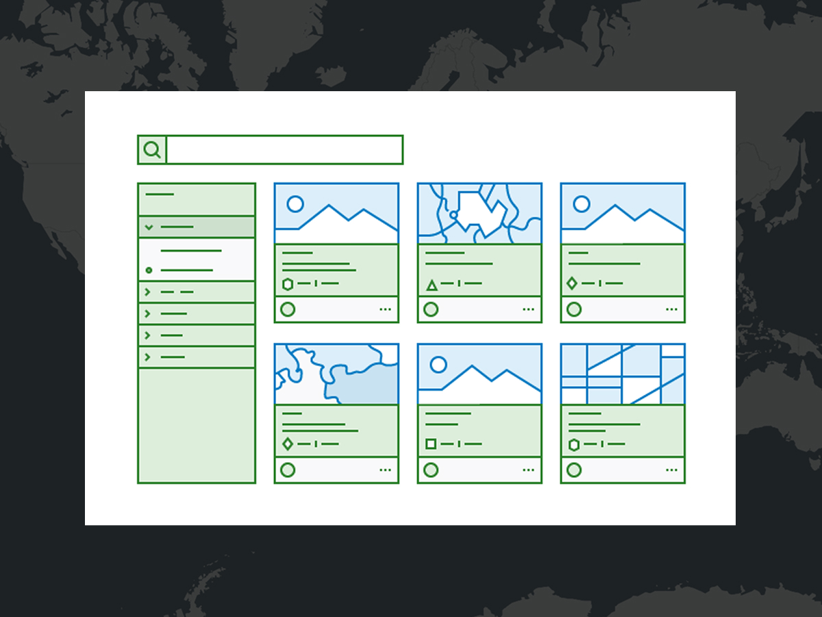 A stylized illustration of a mapping software display with six maps, a legend, and a search bar