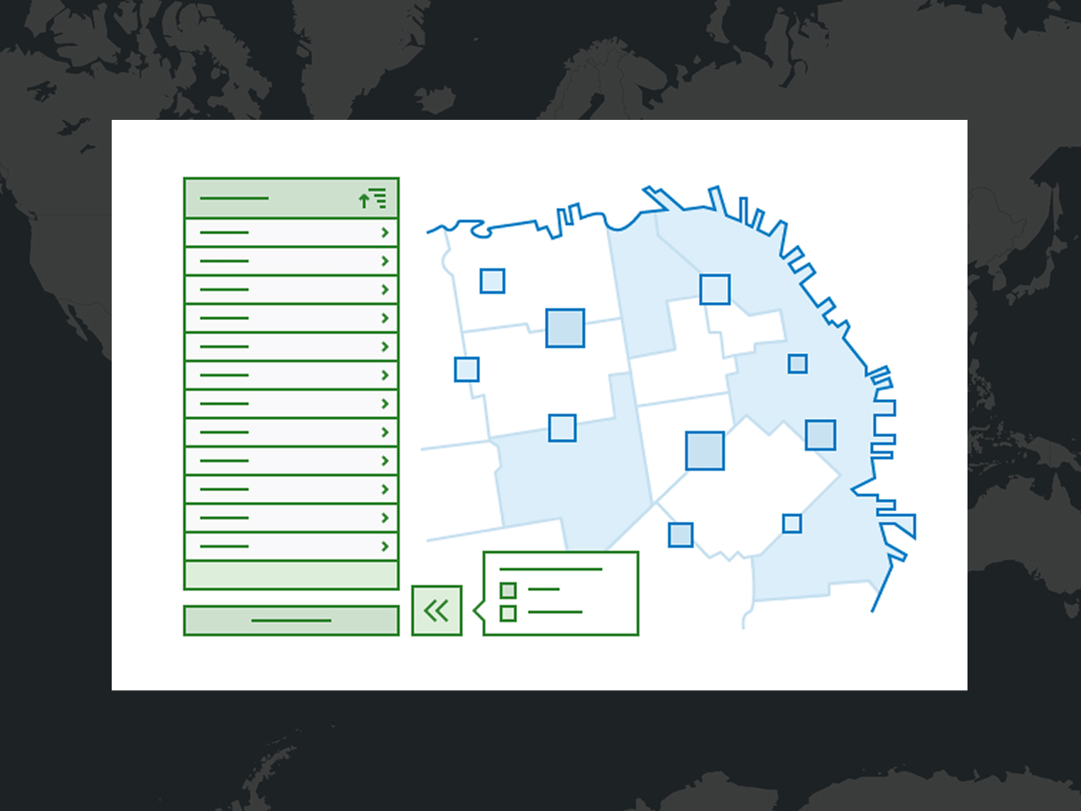 A stylized illustration of a mapping software display with a large map and a list of expandable data