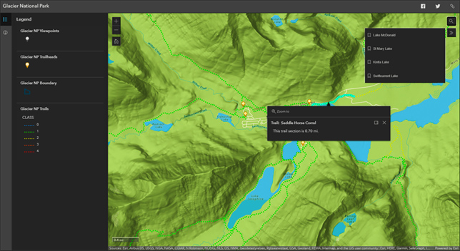 Green terrain map of land and water with black popup boxes of text