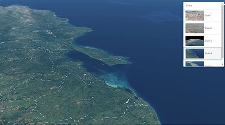 Aerial photo of a richly wooded green coastal area with deep blue waters beside a menu of analysis options