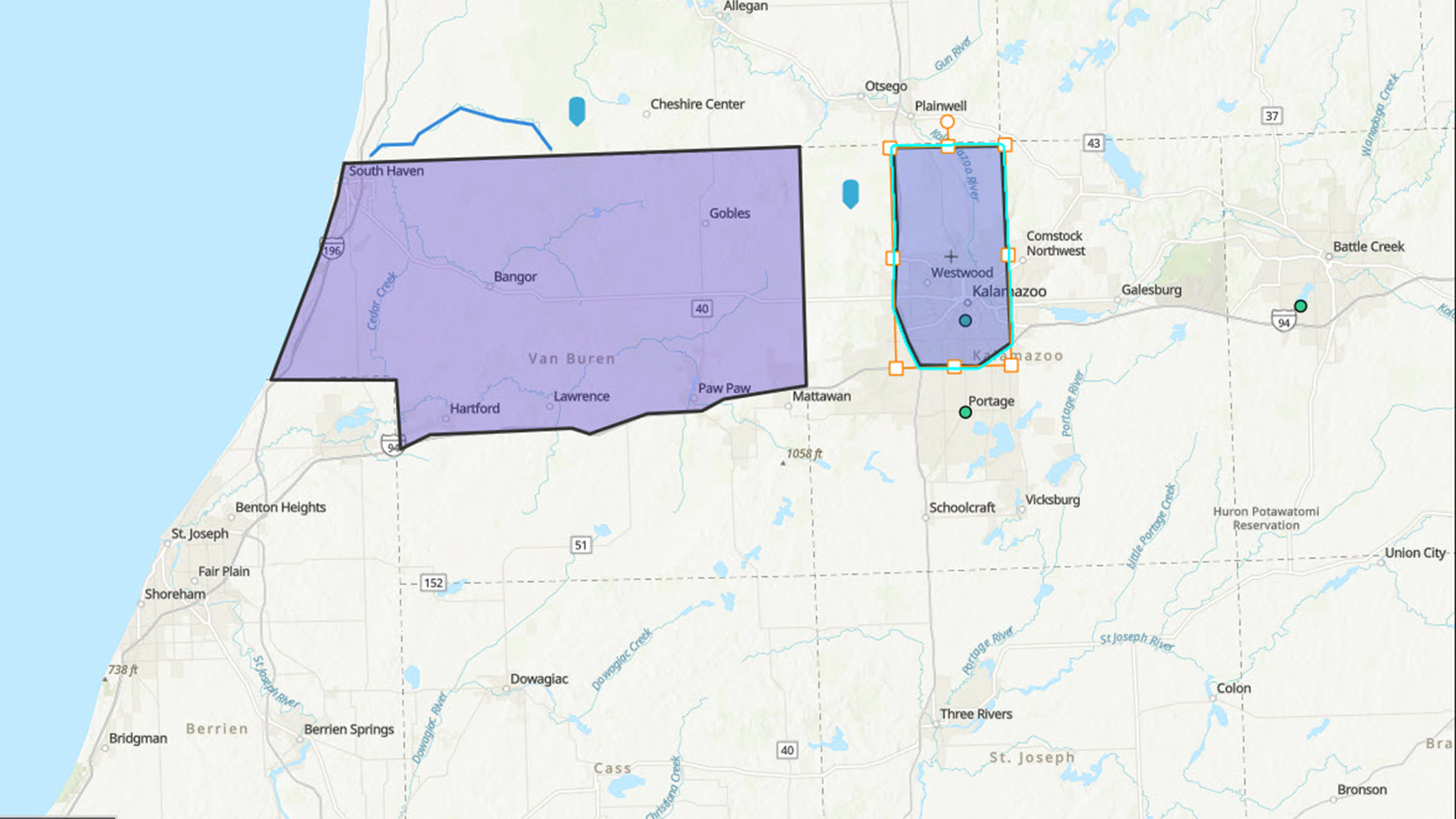 Map highlighting two regions in Michigan. One region, shaded in purple, includes South Haven and Bangor in Van Buren County. The other includes Westwood and Kalamazoo in Kalamazoo County