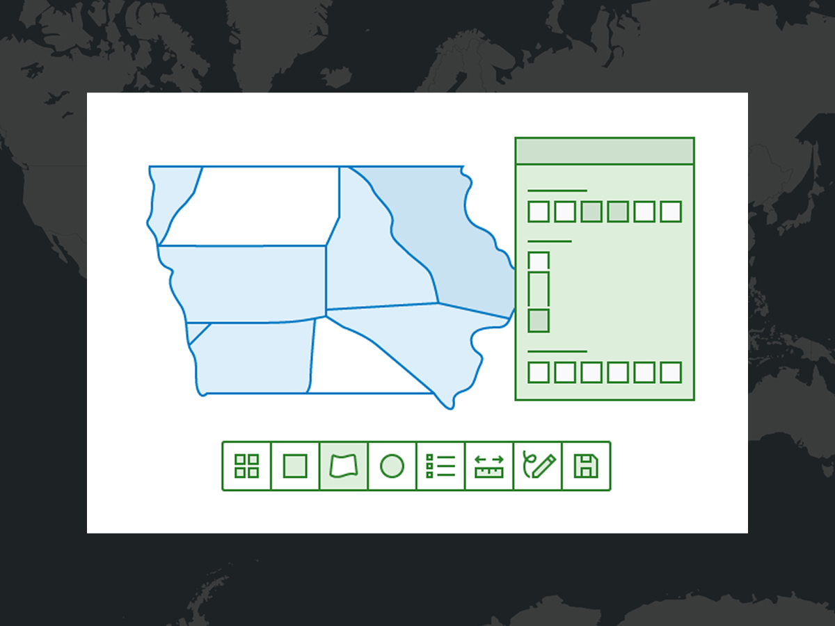 An abstract illustration of a mapping software window with a floating menu pane