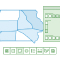 An abstract map design featuring blue and white tones, overlaid with text fields and grid elements.