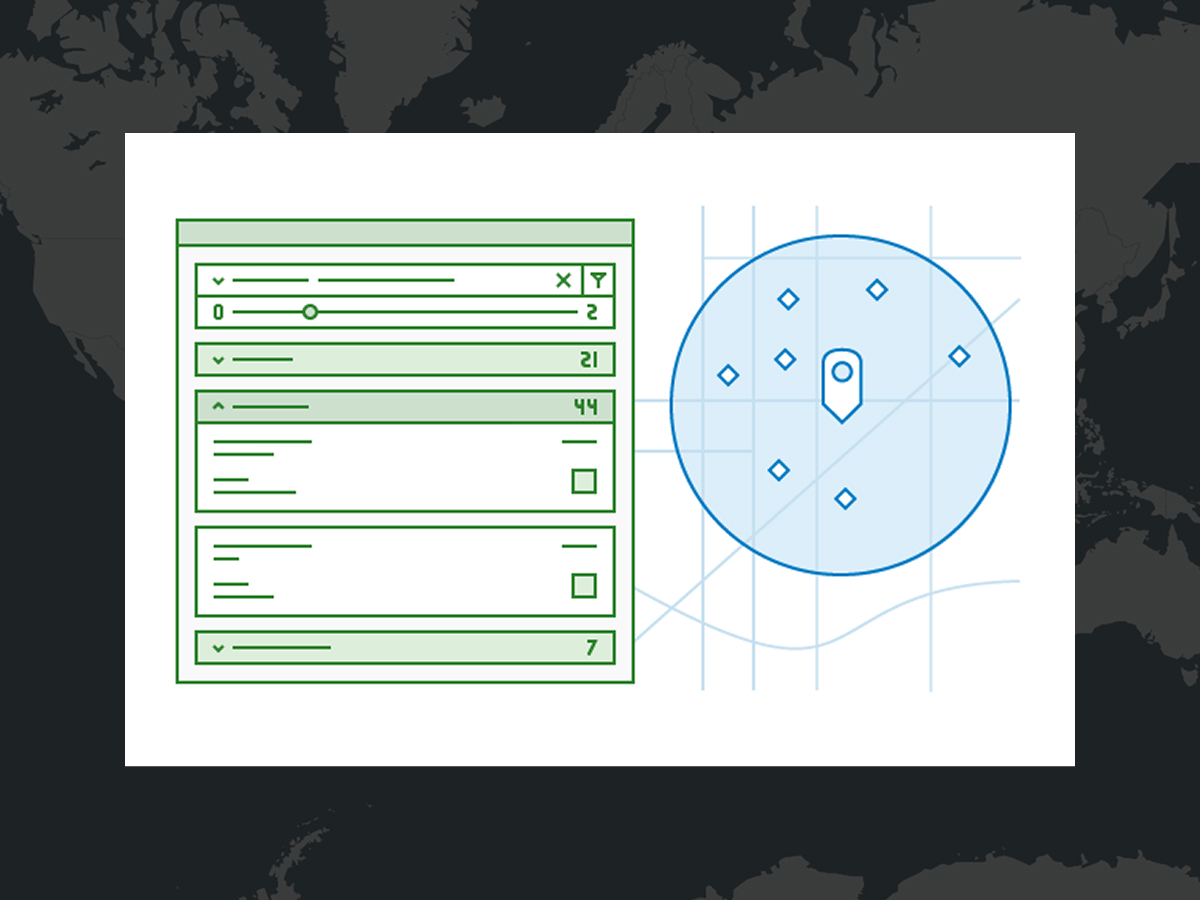 A stylized blue map overlay featuring white lines and circular markers is displayed against a geographic terrain background.