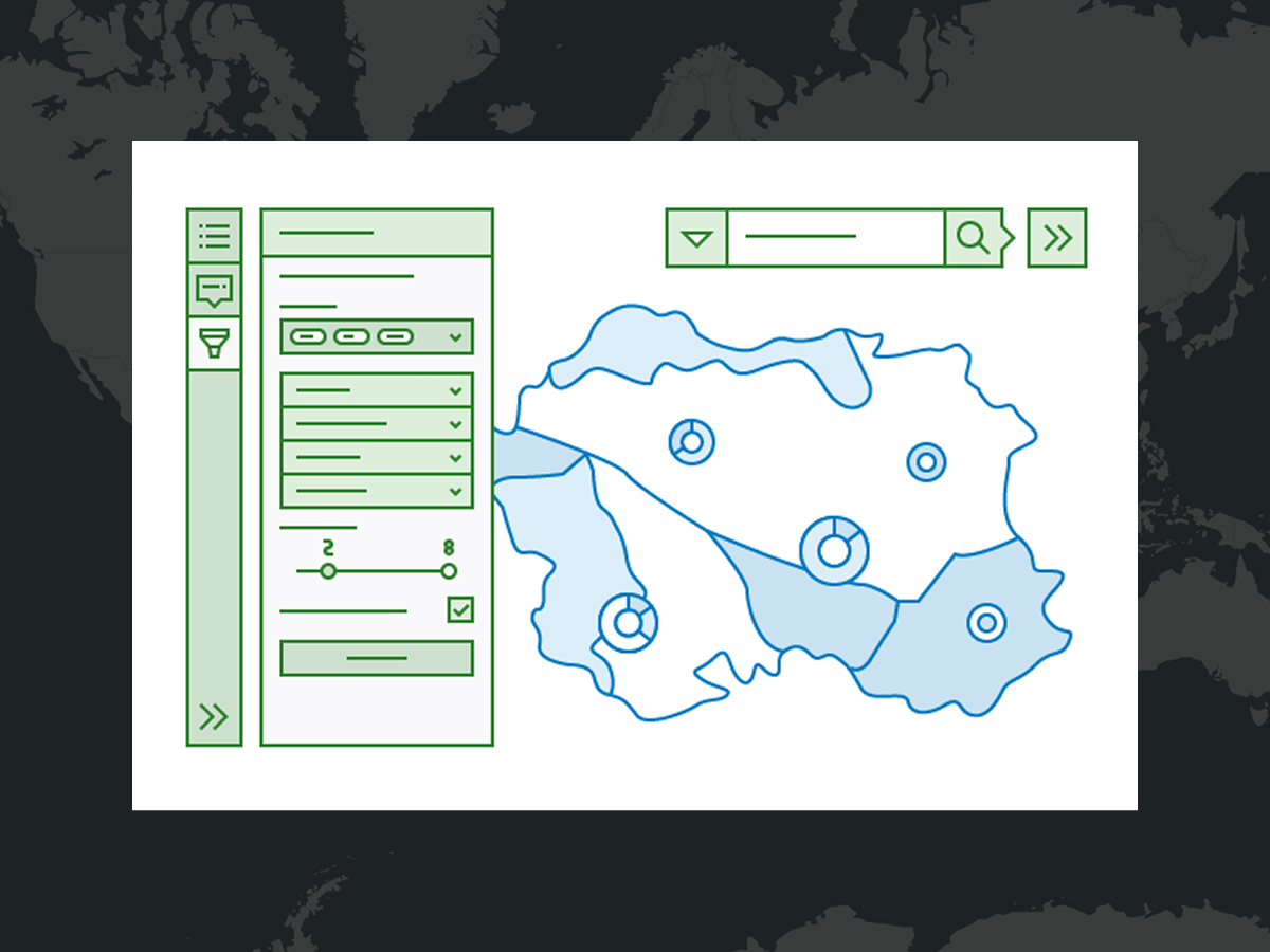 An abstract illustration of a mapping software window with a menu pane and map