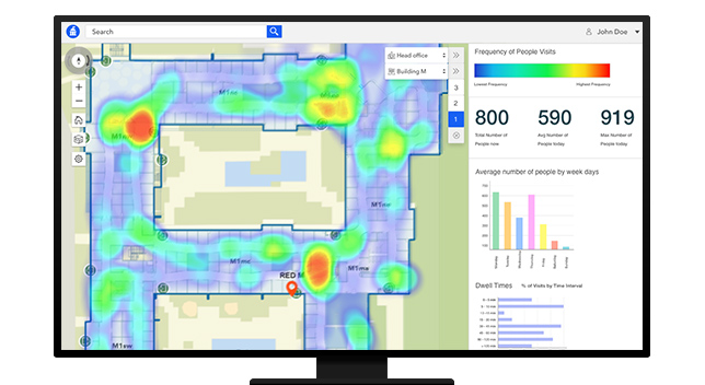 A monitor design displaying indoor mapping software that shows a heat map and data tables