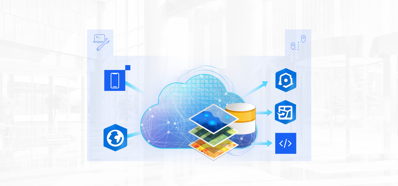 Un gráfico azul claro de un icono de nube de gran tamaño al que apuntan directamente y en dirección contraria unos iconos más pequeños que incluyen productos de Esri, un teléfono móvil, codificación y mapas.