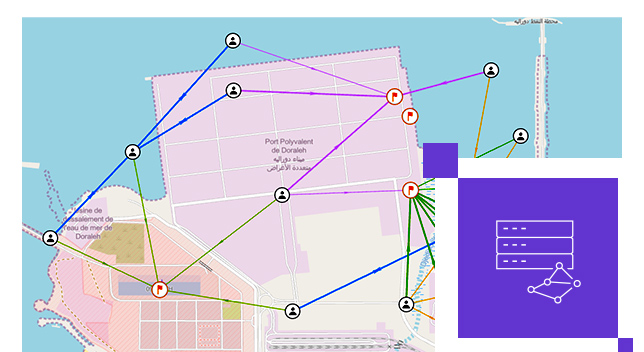 A port map in pale purple and blue with colorful lines connecting labeled map points