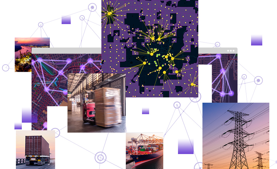 Analisi grafica con mappe e grafici di collegamento per i flussi di lavoro di produzione, porto e servizi