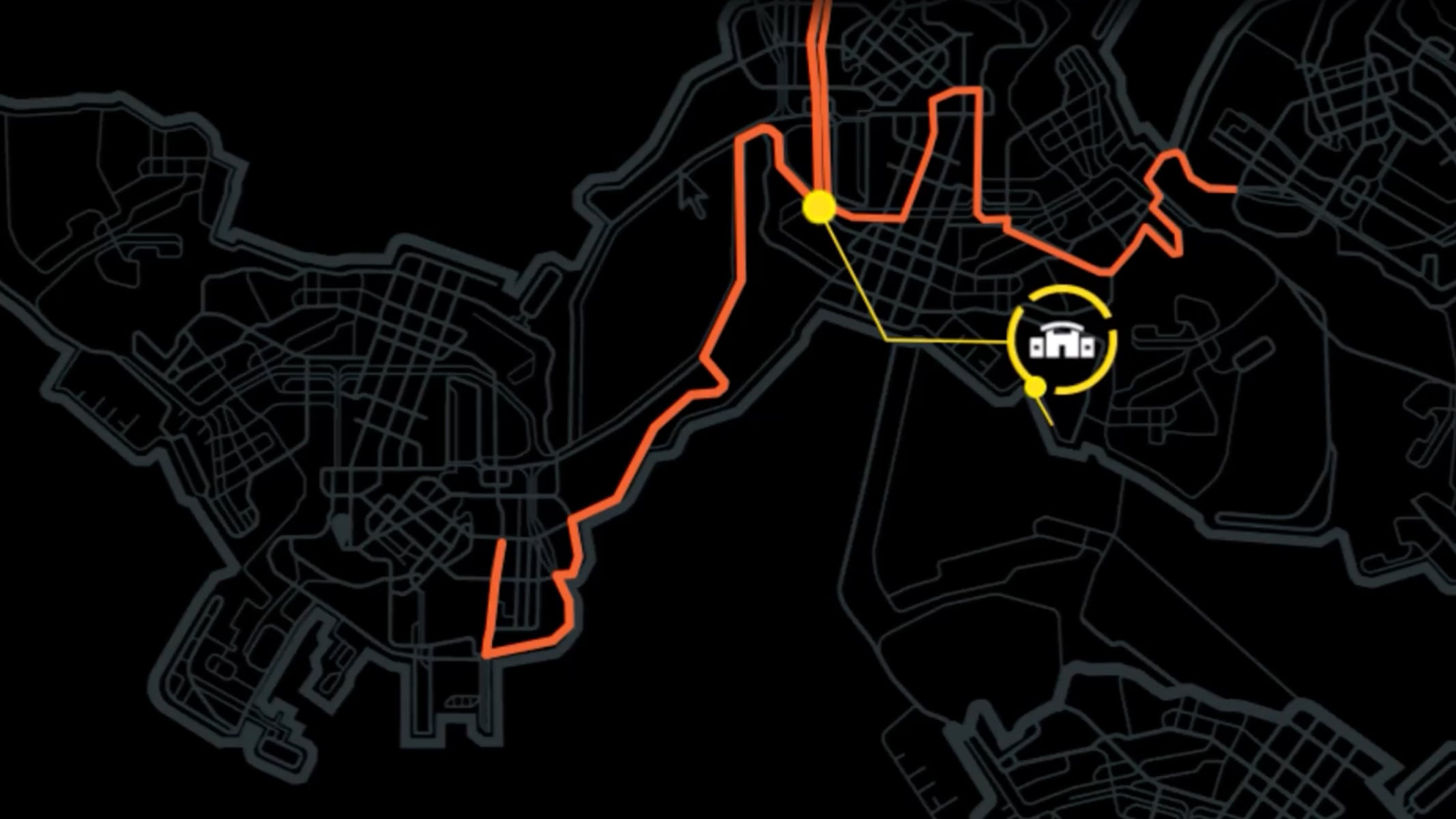 A dark map with orange and yellow network lines and nodes, representing data connections, overlaid with a ply button