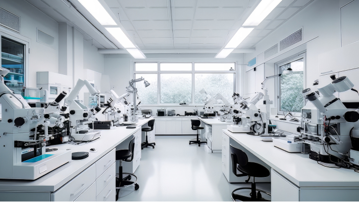 Um laboratório com paredes e pisos brancos e equipamentos científicos brancos