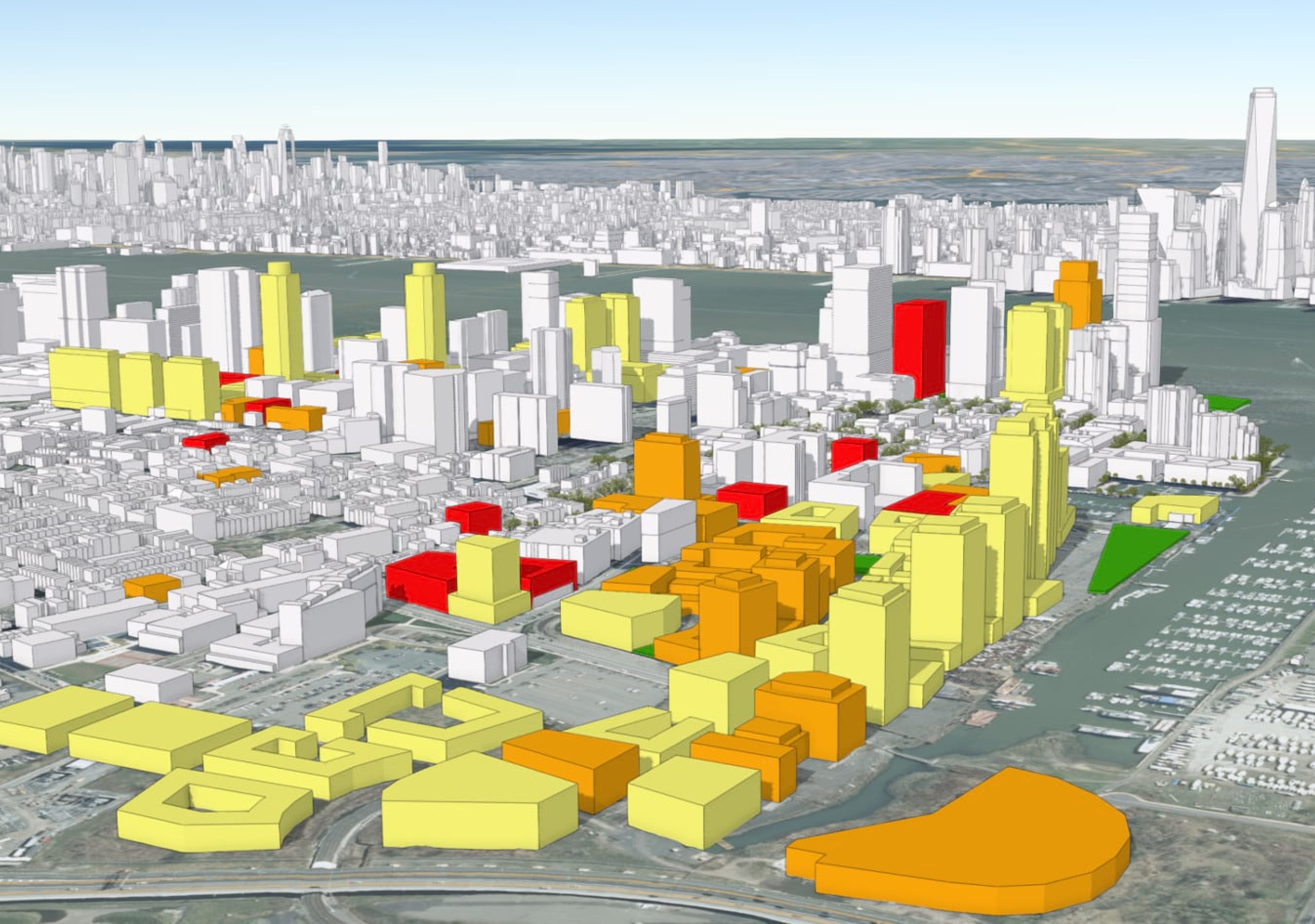 A digital model displaying buildings in parts of New Jersey and Manhattan, New York, in 3D