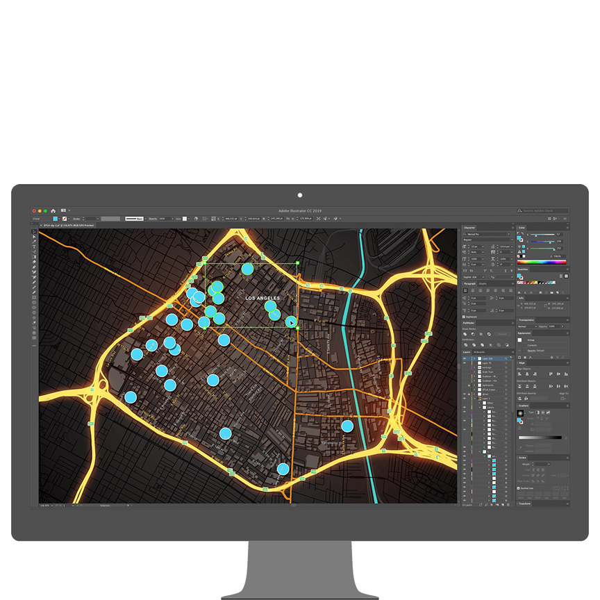 Desktop-Monitor, auf dem eine Cluster-Karte der Innenstadt von Los Angeles in einem geöffneten Adobe Illustrator-Fenster angezeigt wird