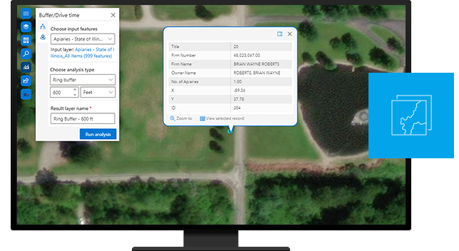 Designansicht eines Bildschirms mit einem Dashboard, das eine Karte mit 3D-Bilddaten in Vogelperspektive zeigt. Vor dem Bildschirm ist ein Kartensymbol in einem blauen Quadrat zu sehen.