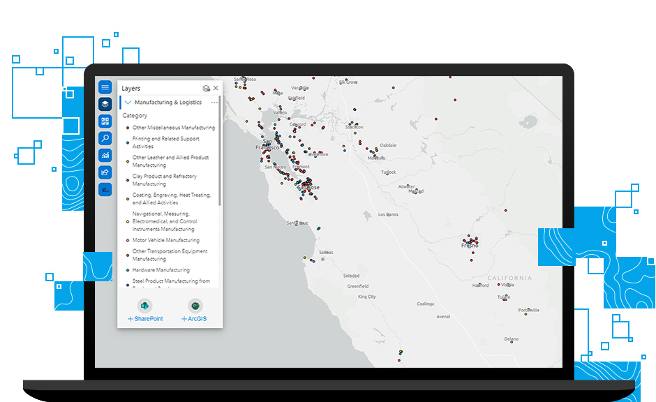 Un disegno di un computer portatile che visualizza una mappa grigia della Bay Area della California e parti della Central Coast e della San Joaquin Valley con punti che segnano determinate aree, il tutto sovrapposto a piccoli quadrati blu della mappa topografica